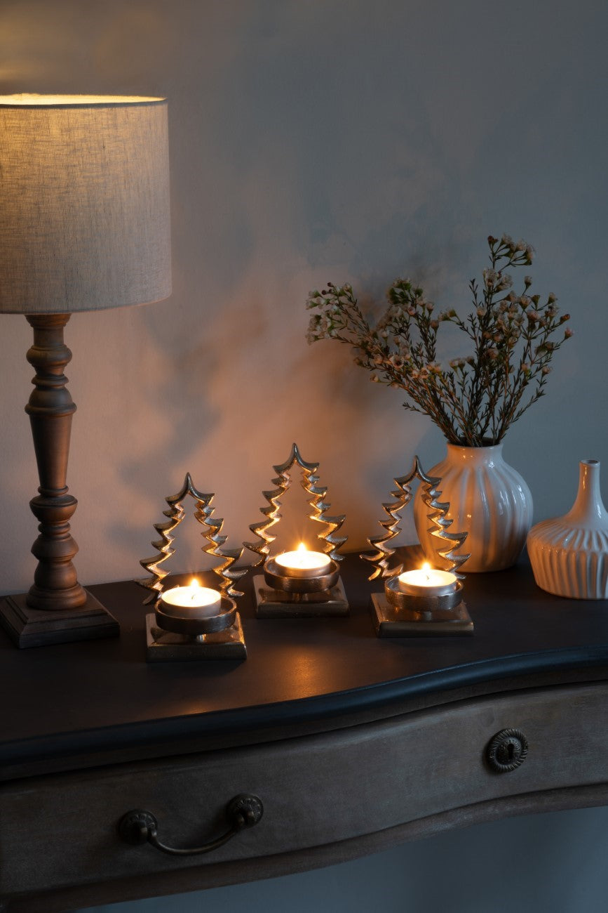 Laura Ashley Set of Festive Aluminium Christmas Tree Silver Tealight Holders
